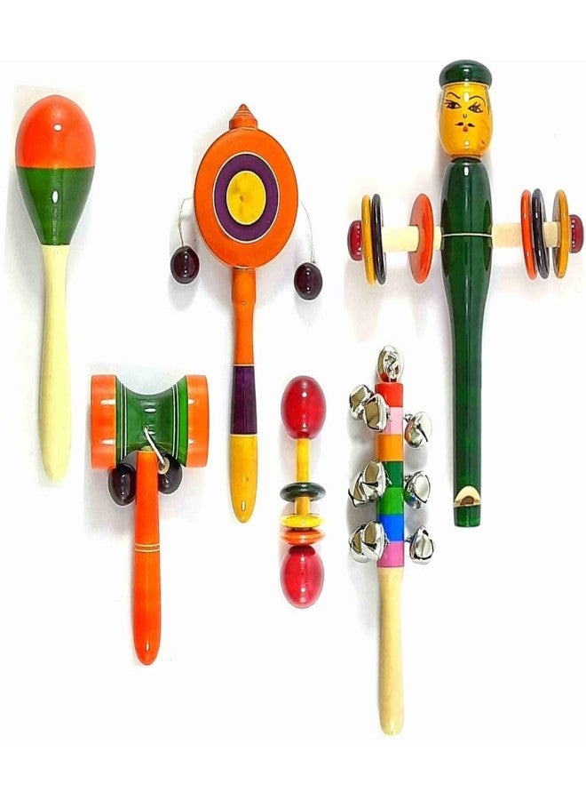 Little Mind Wooden Baby Rattles Set of 6 nos Pack Non Toxic Channapatna Toys - Baby Music and Sound Makers Multi Colour - Image 1